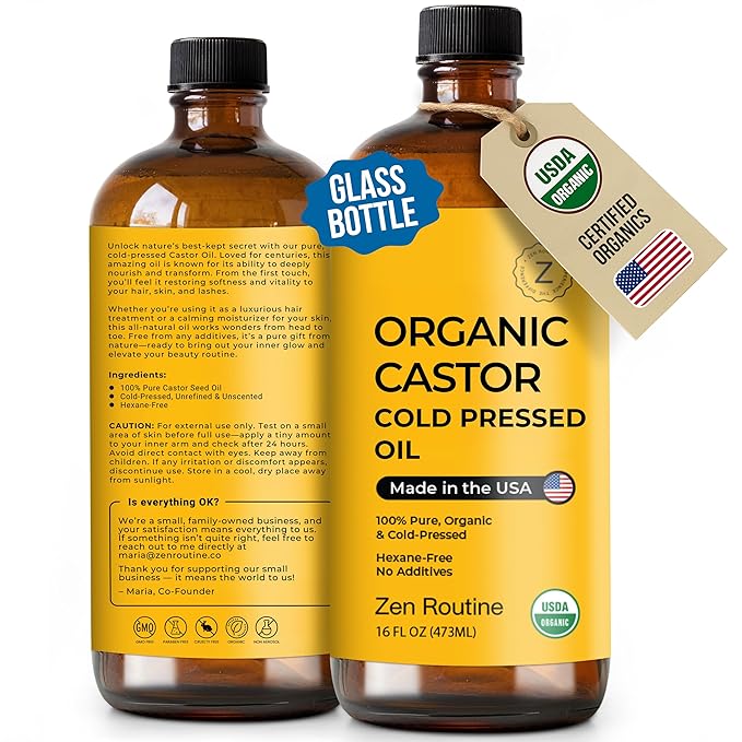 Zen Routine Organic Castor Oil (Glass Bottle - 16oz / 2-Pack) Hexane Free – Hair Growth Oil, Eye Lashes & Stomach, Pure 100% Cold Pressed Unrefined Castor Pack Wrap – USDA Certified, Made in the USA