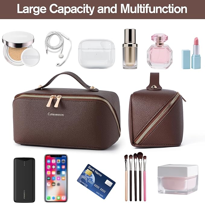 Makeup Bag, Travel Toiletry Bag for Women, Large Capacity Waterproof PU Leather Cosmetic Bags Make Up Organizer Bags with Headband and Wristband Set (Khaki, Lychee Pattern)