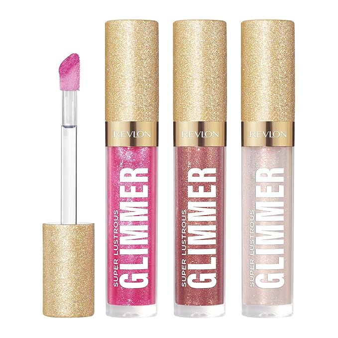 REVLON Super Lustrous Glimmer Gloss Gift Set, 3-Piece, Non-Sticky Lip Makeup, Plant-Based Glitter, High-Shine Finish, 008 Rose Glow, 005 Glazed Almond 001 Diamond Drama