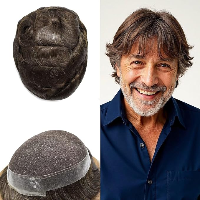 FACE MIRACLE Toupee for Men Lace Center Mens Toupee Hairpiece for Man Human Hair Replacement System Lace Center with Poly around Hair Units Mens Wig Hair Prosthesis 6"X9" #320