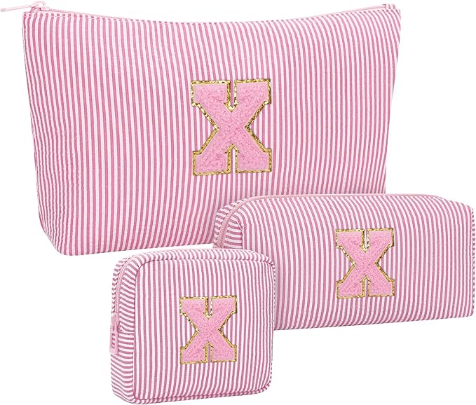 MONSTINA Personalized Initial Makeup Bag for Women,Make Up Case for Girlfriend Bridesmaid Wife,|Personalized Gifts for Women Friends|Cute Toiletry Make Up Traveling Stuff Organizer,Pink X