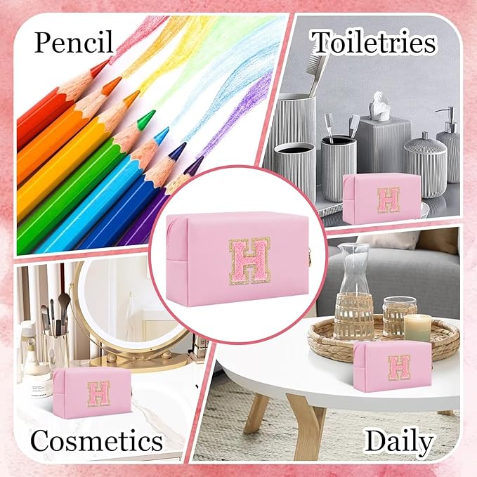 Small Personalized Glitter Initial Letter Makeup Bag, Cute PU Leather Chenille Letters Cosmetic Bag Travel Makeup Pouch, Preppy Travel Organizer Zipper Pouch for Women&Girls（PinkPink-H）