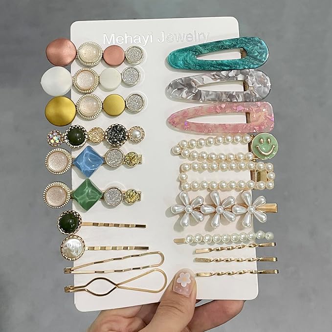 Mehayi 20 PCS Pearls and Acrylic Resin Hair Clips, Handmade Hair Barrettes, Marble Alligator bobby pins, Glitter Crystal Geometric Hairpin, Elegant Gold Hair Accessories, Gifts for Women Girls