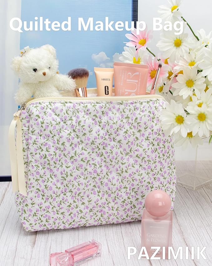 PAZIMIIK Quilted Makeup Bag Large Travel Zipper Soft Cosmetic Pouch for Women Girls Make Up,Floral Purple