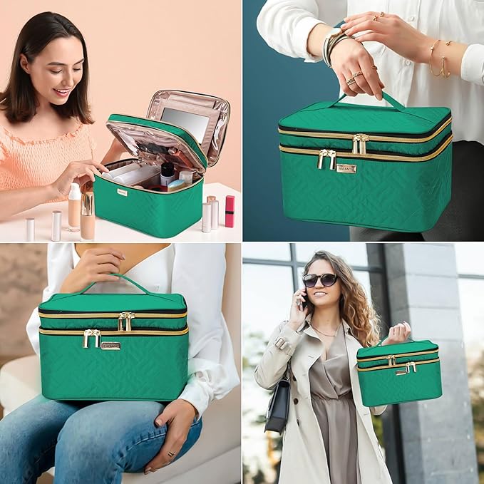 8.8L Double Layer Travel Makeup Bag With Mirror For Women, Large Cosmetic Case, Organizer for Travel-Size Accessories Bottles, Brushes,and Skin Care Products, 2.33 GAL, Green…