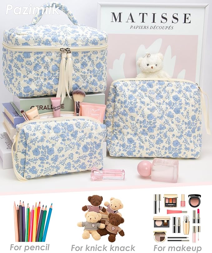 PAZIMIIK 3PCS Makeup Bag SET Large Travel Quilted Zipper Soft Cosmetic Case Pouch for Women Girls Make Up,Little Flower Blue