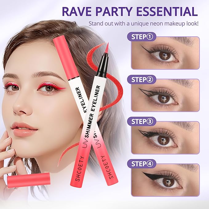 Metallic Neon Liquid Eyeliner, Glitter Neon Colored Eyeliners Pen, High Pigmented, Waterproof Smudge-Proof and Long-Lasting Metallic Eye Makeup for Halloween Christmas,Shimmer Red