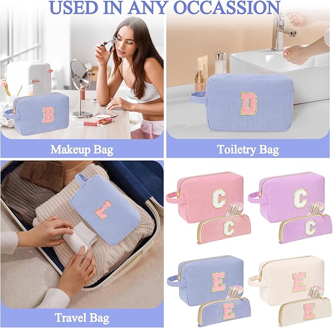 Personalized Initial Makeup Bag Trendy Stuff Corduroy Cosmetic Bag Travel Toiletry Bag, Christmas/Thanksgiving/Halloween Gifts Makeup Organizer Case for Women Girls Mom Girlfriend Wife - Blue