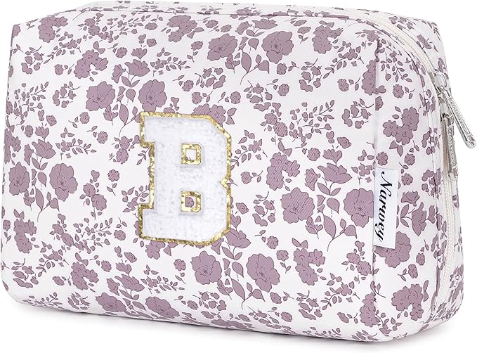 Narwey Birthday Gifts for Teen Girls Kids Women Personalized Initial Floral Makeup Bag Cute Cosmetic Trendy Stuff 6 8 10 11 12 13 14 16 18 Years Old Travel Toiletry Bag (Little Dusty Pink Flower B)