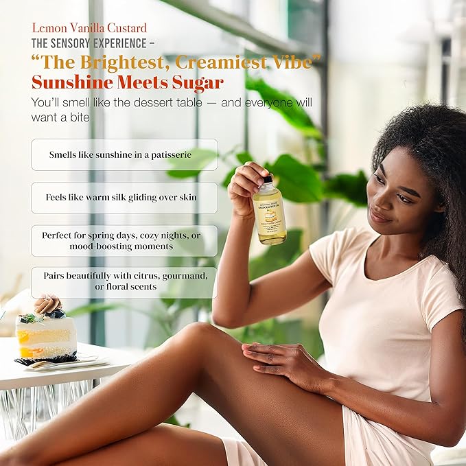 Lemon Vanilla Custard Oil with All-Natural Moisturizing Body Oil for Soft, Glowing Skin with Almond & Jojoba Oil (4 fl oz)
