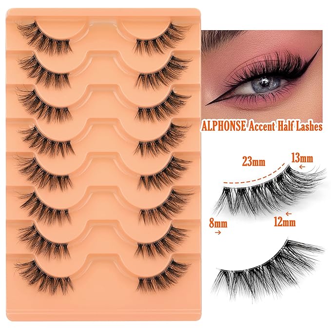 Half Lashes Natural Look Half Lash Cateye Clear Band Half Eyelashes Cat Eye Fluffier Wispy Accent Lashes 3/4 Flared End Lashes Pack by ALPHONSE