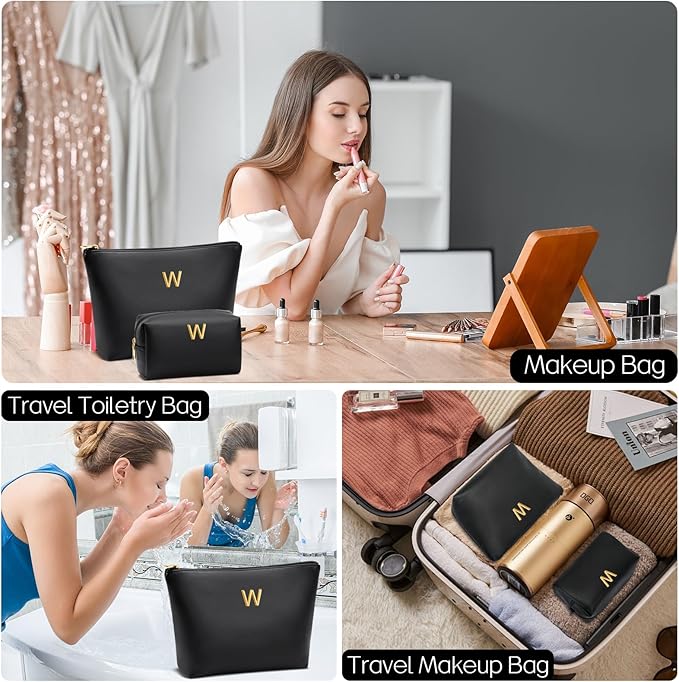 Women Gifts | Initial Makeup Bag Set for Girl Personalized Gifts for Bridesmaid Friend Graduation Teachers PU Leather Cosmetic Travel Toiletry Bag(Black,W)