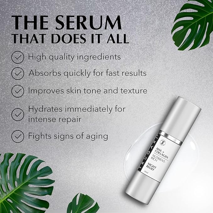 Facial Night Serum with AHA + Collagen, Night Serum for Face, Anti Aging Night Serum, Collagen Boost Anti Aging Serum, Nutrient-Rich Night Face Serum with Vitamins C, B, E, Collagen Skin Care