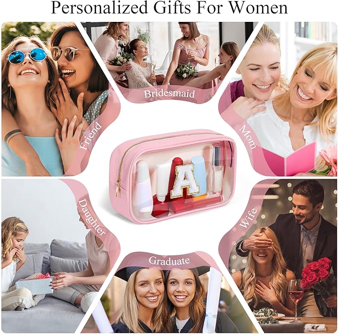 YOOLIFE Initial Make Up Bag Travel Toiletry Bag, Clear Makeup Bag Preppy Cosmetic Bags Organizer Travel Essentials Pink Gifts for Women Teen Girlfriend Teacher Mom Birthday Mothers Day Gifts I