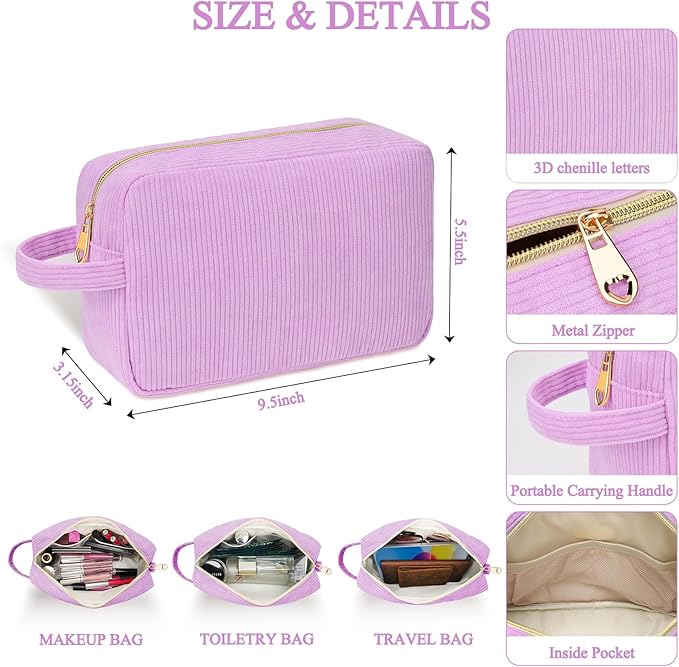 Personalized Initial Makeup Bag Trendy Stuff Corduroy Cosmetic Bag Travel Toiletry Bag for Women, Christmas/Thanksgiving/Halloween Gifts Makeup Organizer Case for Teen Girls Mom Girlfriend Wife.