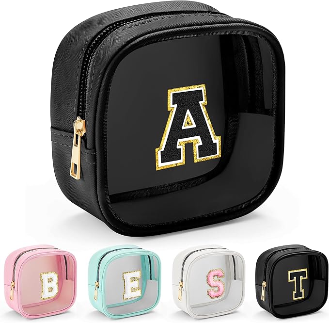 YOOLIFE Initial Mini Makeup Bag | Make Up Bag Travel Toiletry Bag | Clear Makeup Bag | Preppy Cosmetic Bags Organizer Travel Essentials Gifts for Women Teen Girlfriend Teacher Birthday Gifts Black A