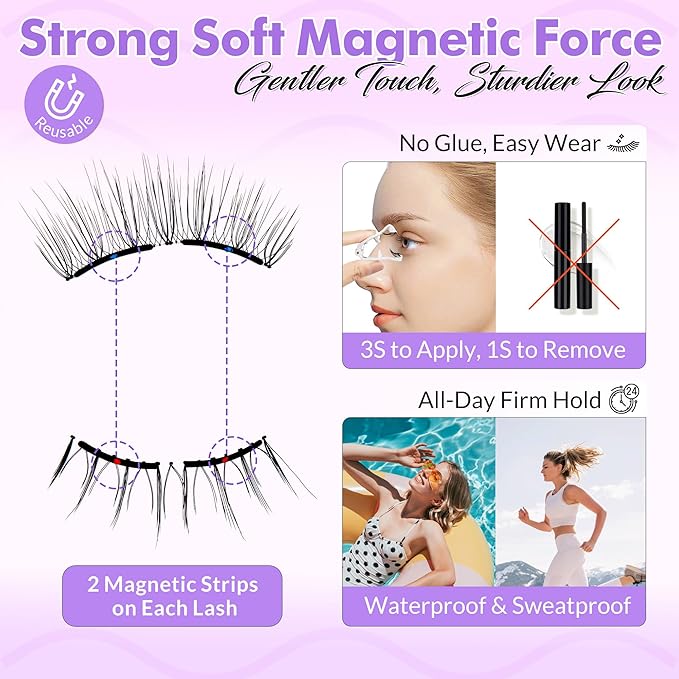 Bepholan Soft Magnetic Eyelashes, Reusable Magnetic Lashes with Applicator, Glue-free Natural Fake Lashes without Eyeliner, Easy to Wear and Remove (CS100)