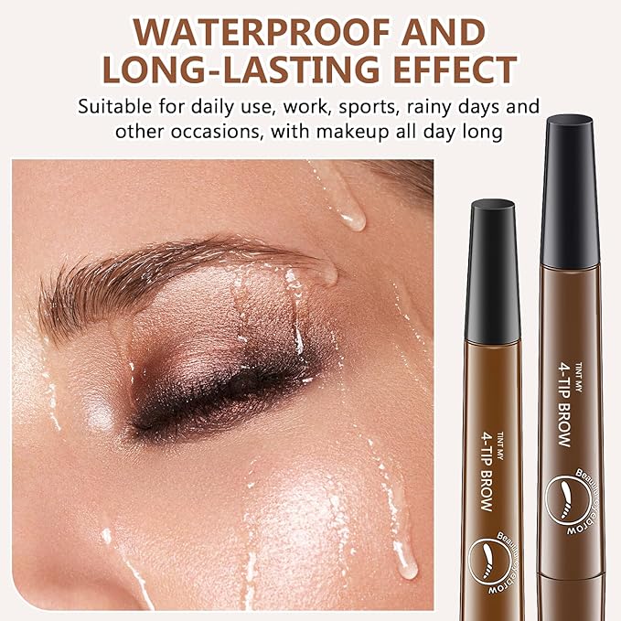 2Pcs Magic Microblading Eyebrow Pencil, 4-Tip Brow Pencil with Micro-Fork Tip, 3D Waterproof Microblading Eyebrow Pen, Eyebrow Tattoo Pen for Natural Makeup (Light Brown)