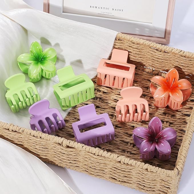 3 Styles Medium Hair Clips for Women 9 Pcs Small Claw Clips for Thin Hair Flower Hair Clips for Thick Hair Square Hair Claw Clips for Girls Hawaiian Plumeria Hair Accessories for Women (Purple)