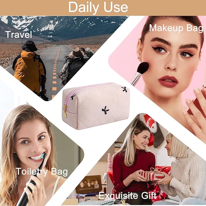 Makeup Bag Travel Cosmetic Bag for Women Girls, Zipper Make Up Pouch, Floral Flowers Toiletry Organizer Makeup, Portable Storage Cosmetic Travel Cloth Bag (Light Pink)