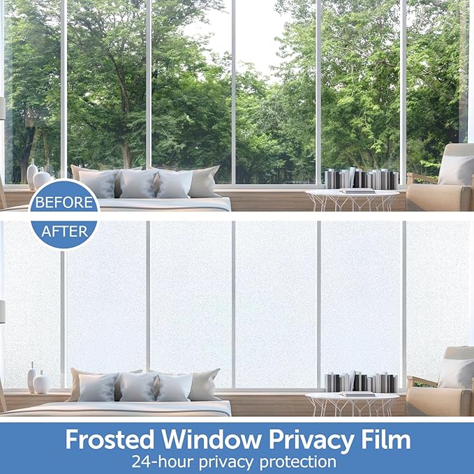 HIDBEA Frosted Window Privacy Film - Non Adhesive Static Cling Glass Stickers Sun UV Blocking Heat Control Door Covering Decals for Home Office, 45.3 x 236.2 Inch