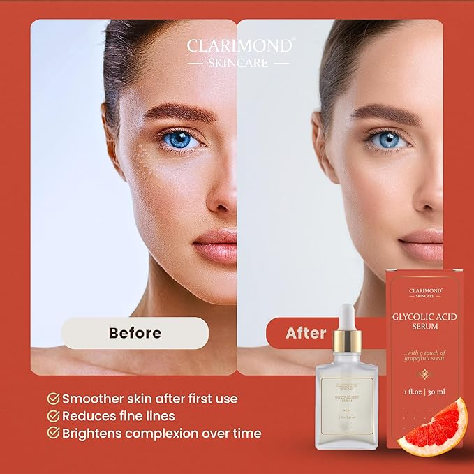CLARIMOND Glycolic Acid Serum | Gentle 10% Exfoliating AHA | Aloe Vera & Botanical Extracts | Hyaluronic Acid | Lightweight Hydration | 1 fl oz