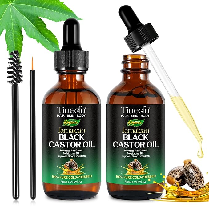 Tiuedu 2PCS Jamaican Black Castor Oil for Hair Growth,Thicker Eyelashes & Eyebrows,Castor Oil for Face,Body & Skin,100% Pure Cold Pressed Black Castor Oil,Hair Nourishing Oil