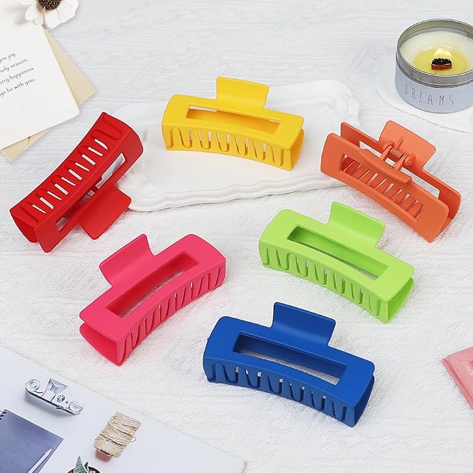 4 Inch Big Hair Claw Clips 6 Pcs Large Claw for Thick Hair Square Hair Clips for Women Rectangle Hair Clips Nonslip Acrylic Banana Jaw Clips Hair Accessories for Girls (Dopamine)