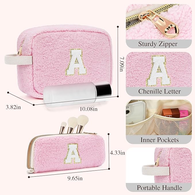 2PCS Makeup Bag with Initials, Christmas Day Gifts for Teen Girls Trendy Stuff, Personalized Cosmetic Travel Bag Pouch for Granddaughter, Cute Plush Make up Bags for Birthday - Pink C