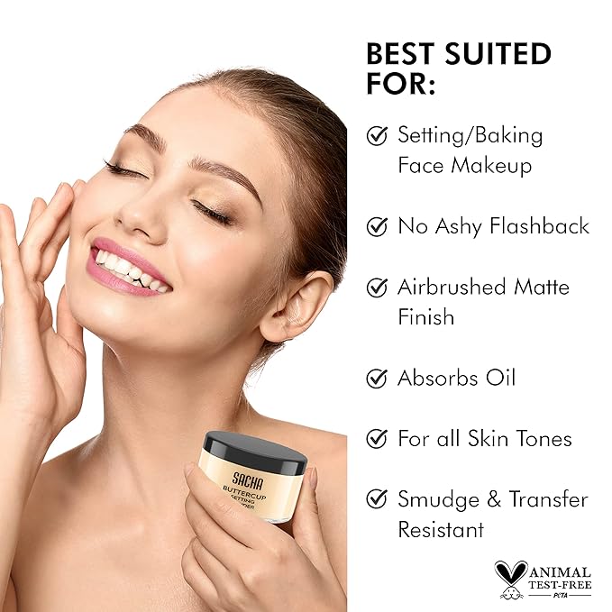 Sacha BUTTERCUP Light Setting Powder. No Ashy Flashback. Blurs Fine Lines and Pores. Loose, Translucent Face Powder to Set Makeup Foundation or Concealer. For Light to Medium Skin Tones, 1.75 oz.