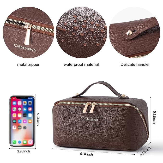 Makeup Bag, Travel Toiletry Bag for Women, Large Capacity Waterproof Plain Pattern PU Leather Cosmetic Bags Make Up Organizer Bags with Headband and Wristband Set (Light Brown)