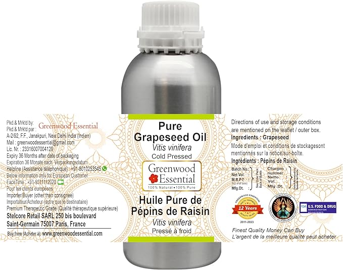 Greenwood Essential Pure Grapeseed Oil (Vitis vinifera) Cold Pressed 630ml (21 oz)