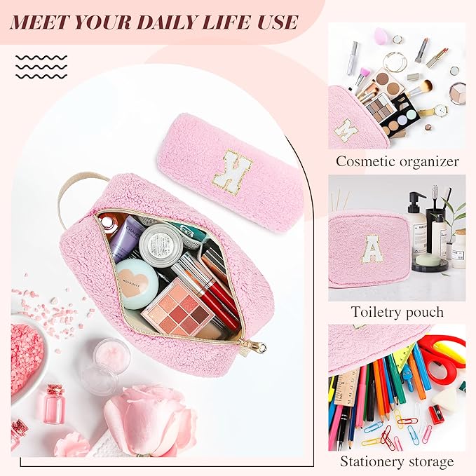 2PCS Makeup Bag with Initials, Christmas Day Gifts for Teen Girls Trendy Stuff, Personalized Cosmetic Travel Bag Pouch for Granddaughter, Cute Plush Make up Bags for Birthday - Pink Q