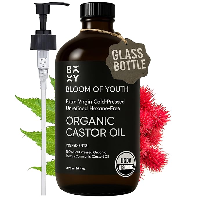 100% Pure Cold Pressed Organic Castor Oil, Glass Bottle 16oz | Hexane Free, Unrefined, USDA Certified | For Hair Growth, Skincare, Castor Oil Pack, Face, Joints, Carrier Oil, Eyelashes, Eyebrows