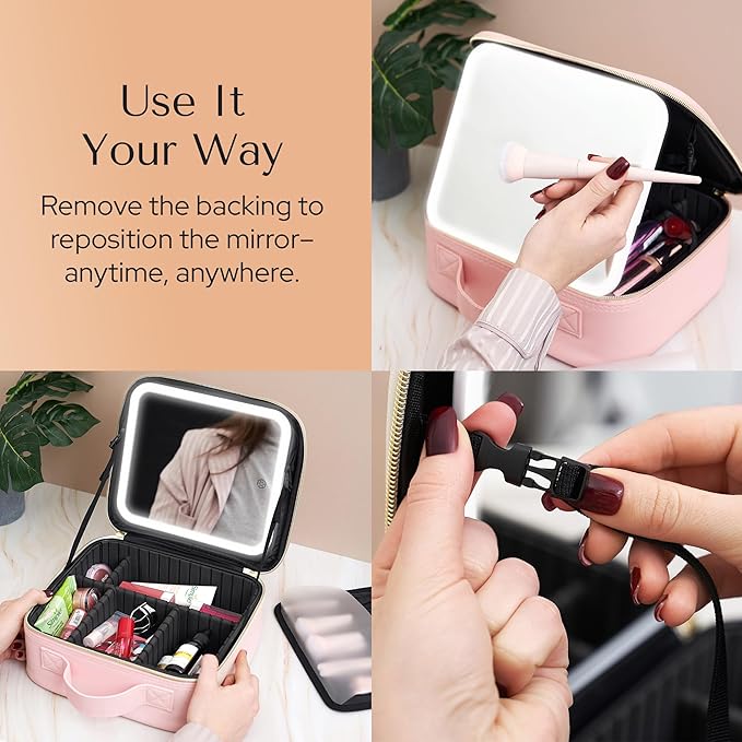 Makeup Bag with LED Mirror – Travel Cosmetic Organizer with Lighted Mirror, Adjustable Dividers & Brush Holder Storage – Portable PU Leather Makeup Case for Women & Girls - Pink