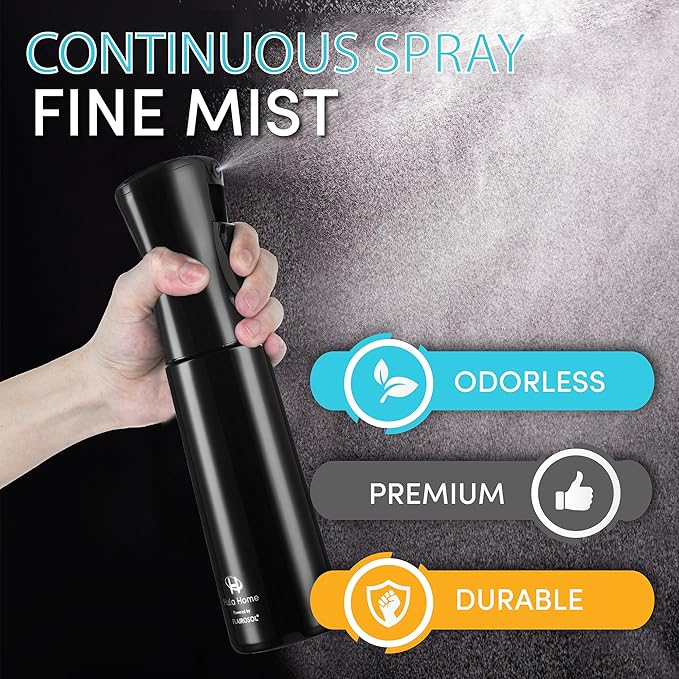 Hula Home Spray Bottle for Hair (10.1oz/300ml) - Powered by Flairosol® Spray Technology - Continuous Ultra Fine Mist Sprayer – For Hairstyling, Cleaning, Salons, Plants, Essential Oil & More - Black