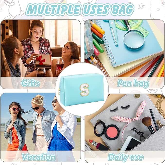 Gifts for Girls Initial Makeup Bag Personalized Cosmetic Bag with Zipper Cute Travel Toiletry Bag Waterproof PU Preppy Makeup Pouch Birthday Gift for Teen Girls Women(Blue S)