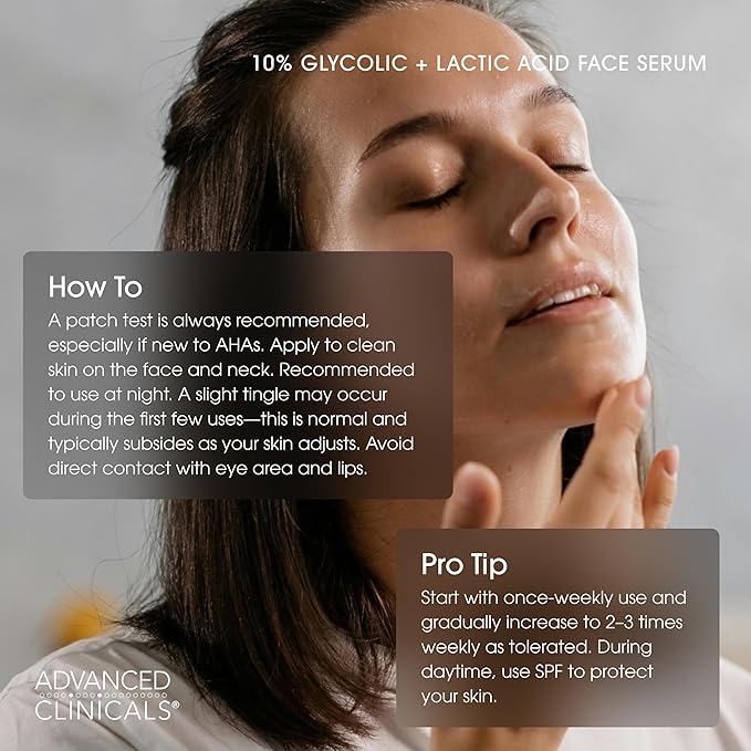 Advanced Clinicals Exfoliating 10% Glycolic Acid Serum For Face + Lactic Acid | Facial Exfoliant AHA + Salicylic Acid Serum To Improve Look Of Large Pores, Uneven Skin Tone, & Dark Spots, 1.75 FL Oz