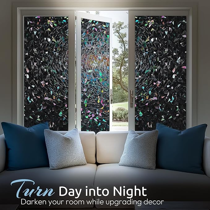 rabbitgoo Window Privacy Film Rainbow Film Decorative Window Sticker, 3D Static Stained Glass Cling Tint for Room Darkening Day Sleep, Black, 29.5 x 78.7 inches