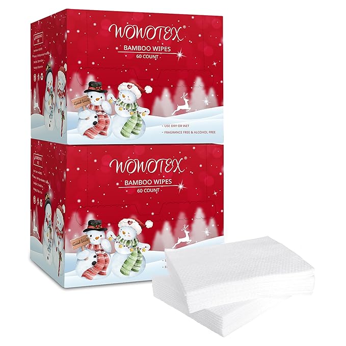 Christmas Style WOWOTEX Disposable Face Towel Biodegradable Large Dry Face Wipes 120 Count/2 Box Extra Thick Soft Clean Facial Towels for Sensitive Skin, Facial Cleansing, Nursing, 10"×12"