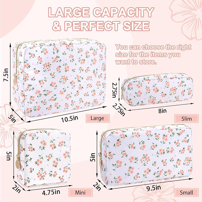 Waterproof Mini Floral Makeup Bag Pouch for Purse,Nylon Flower Cosmetic Travel Bag Small Preppy Toiletry Organizers Bag for Women Girl,Cute Zipper Pouch Coin Purse for Work(Mini White-Flowers)