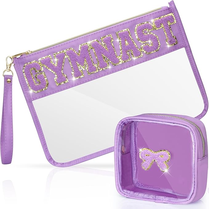 2 Pcs Gymnastics Gifts Cosmetic Makeup Bag with Chenille Letter Patch, Clear Pouch PVC Organizer Purse, Waterproof Travel Bag, Portable Toiletry Storage Bag for Her Girls Friends Women