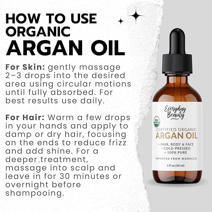 Organic Argan Oil | 100% Pure, Cold-Pressed, Unrefined | USDA Certified Organic | Amber Glass Bottle with Glass Dropper | For Hair, Face & Skin - 1 Fl Oz