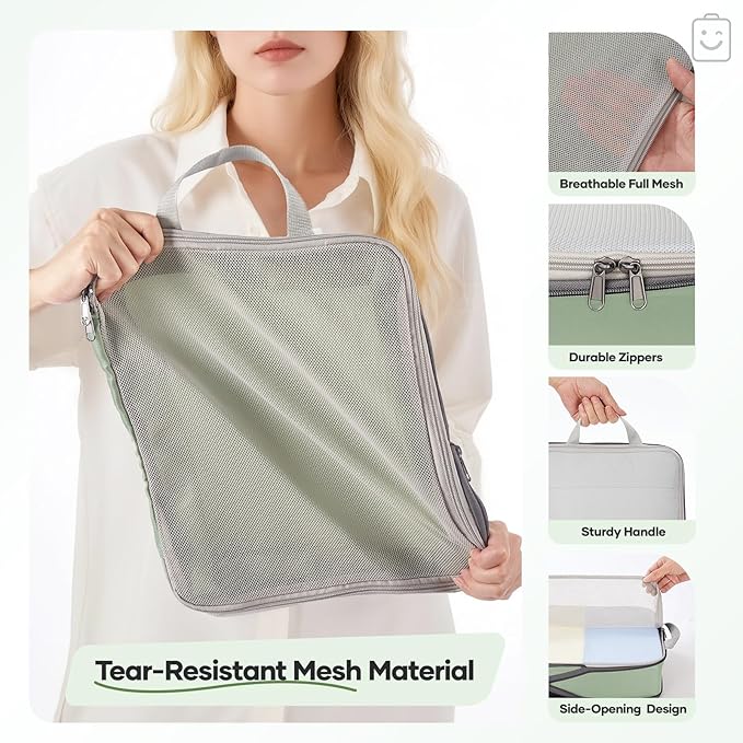 Veken 11 Set Compression Packing Cubes for Travel Essentials,Compressible Expandable Large Luggage Suitcase Organizer Bags for Clothing,Durable Space Saver Storage Bags(Matcha Green)