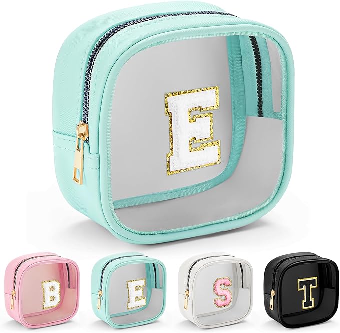 YOOLIFE Initial Make Up Bag Travel Toiletry Bag, Clear Makeup Bag Preppy Cosmetic Bags Organizer Travel Essentials Gifts for Women Teen Girlfriend Teacher Mom Birthday Mothers Day Gifts Blue E