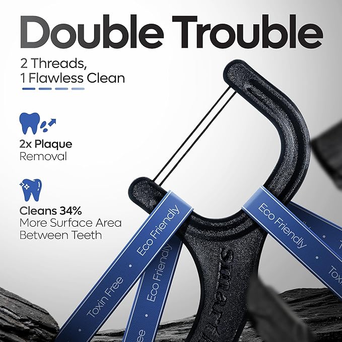 SmartLifeco Eco-Friendly Dual-Thread Dental Floss Picks (200ct) - Flossers Made with Straw Wheat Blend, Natural Teeth Whitening, Tooth Pick Stick for Adults, Activated Bamboo Charcoal Floss Thread
