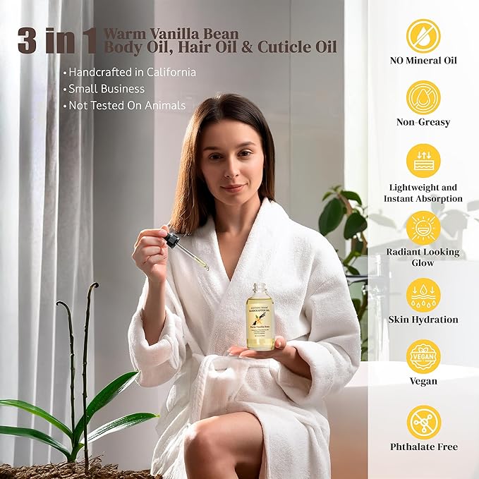 Warm Vanilla Bean Body Oil - Moisturizing Body Oil for Soft, Glowing Skin with Almond & Jojoba Oil (4 fl oz)