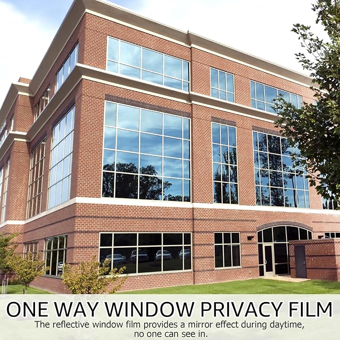 HIDBEA One Way Privacy Window Film, Daytime Privacy Sun Blocking Anti UV Reflective Window Film Heat Control Static Cling Window Tint Film for Home and Office, Silver, 17.35 x 196.8 Inch