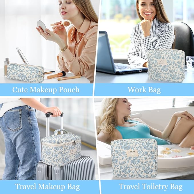 Makeup Bag Set, Quilted Makeup Bag, Large Floral Cosmetic Bag for Women, Cute Cotton Makeup Bag, Flower Travel Toiletry Organizer Bag(Color-Coded Floral)