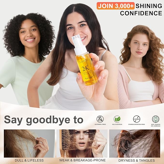 24K Gold Hair Oil Made in the UK – Repair & Shine Serum with Coconut, Argan & Olive Oils – Vegan Heat Protectant, Frizz Control for Dry, Damaged Hair (2.02 Fl Oz (Pack of 1))